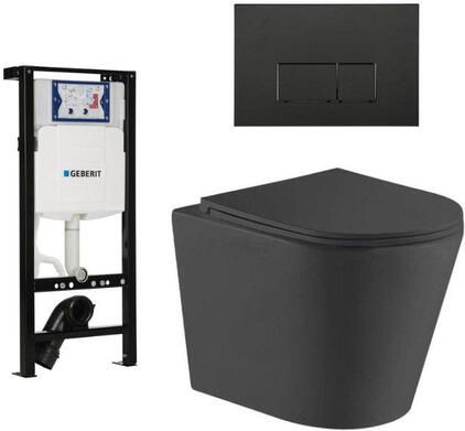 Geberit QeramiQ Dely Toiletset 36.3x51.7cm diepspoel rimless UP320 plieger inbouwreservoir softclose toiletzitting mat zwarte bedieningsplaat rechtehoekige knoppen zwart mat SW1026253 SW1381697 SW706193 SW1000768