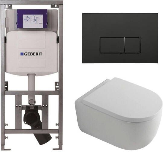 Geberit QeramiQ Dely Swirl Toiletset 36.3x51.7cm diepspoel rimless UP320 inbouwreservoir 35mm zitting mat zwarte metalen bedieningsplaat rechtehoekige knoppen wit mat 0701131 SW706193 SW1000767 SW1026257