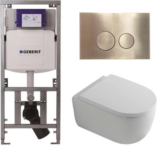 Geberit QeramiQ Dely Swirl Toiletset 36.3x51.7cm diepspoel rimless UP320 inbouwreservoir 35mm zitting geborsteld messing bedieningsplaat ronde knoppen wit mat 0701131 SW706200 SW1000767 sw1026257