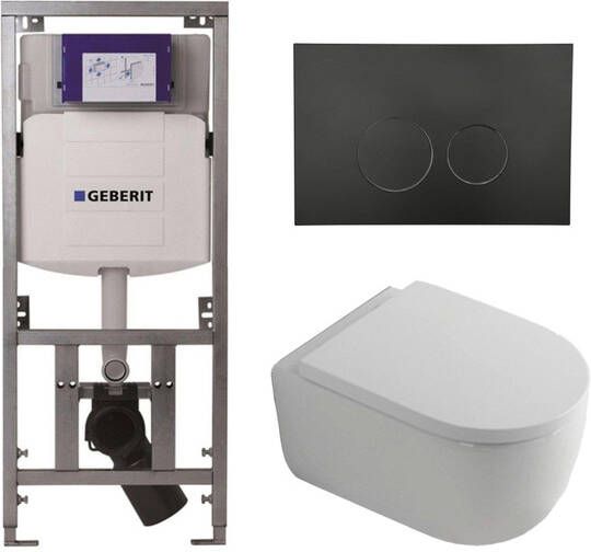 Geberit QeramiQ Dely Swirl Toiletset 36.3x51.7cm diepspoel rimless UP320 inbouwreservoir 35mm zitting mat zwarte metalen bedieningsplaat ronde knoppen wit mat 0701131 SW706192 SW1000767 SW1026257