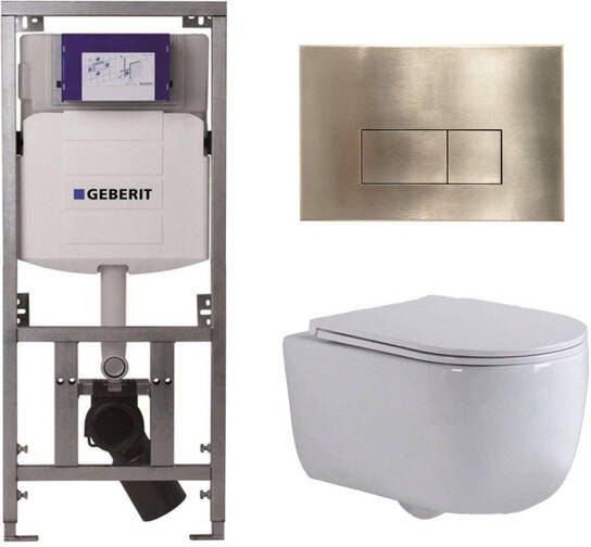 Geberit QeramiQ Dely Swirl Toiletset 36.3x51.7cm diepspoel rimless UP320 inbouwreservoir slim zitting geborsteld messing bedieningsplaat rechtehoekige knoppen wit mat 0701131 SW706201 SW1000766 SW1026257