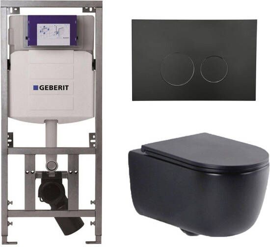 Geberit QeramiQ Dely Swirl Toiletset 36.3x51.7cm UP320 Burda inbouwreservoir slim zitting mat zwarte bedieningsplaat ronde knoppen mat zwart 0701131 SW706188 SW1000768 SW1026258