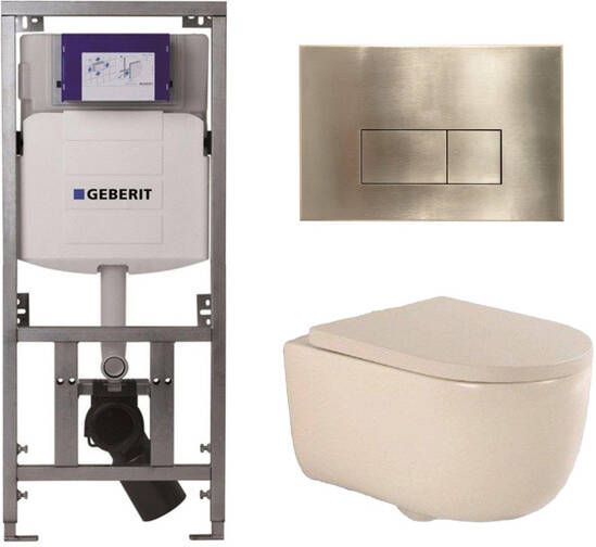 Geberit QeramiQ Dely Swirl Toiletset 36.3x51.7cm UP320 inbouwreservoir 35mm zitting geborsteld messing bedieningsplaat rechthoekige knoppen beige 0701131 SW706201 SW1000771 SW1026259