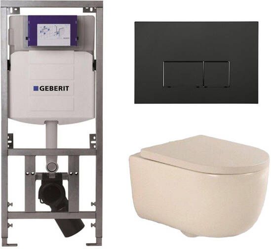 Geberit QeramiQ Dely Swirl Toiletset 36.3x51.7cm UP320 inbouwreservoir 35mm zitting mat zwarte bedieningsplaat rechthoekige knoppen beige 0701131 SW706189 SW1000771 SW1026259