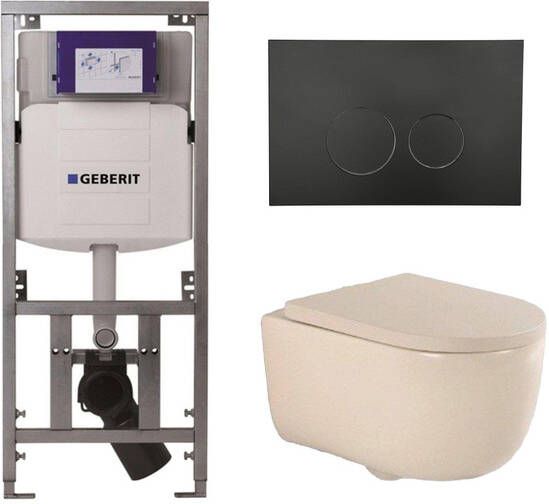 Geberit QeramiQ Dely Swirl Toiletset 36.3x51.7cm UP320 inbouwreservoir 35mm zitting mat zwarte bedieningsplaat ronde knoppen beige 0701131 SW706188 SW1000771 SW1026259