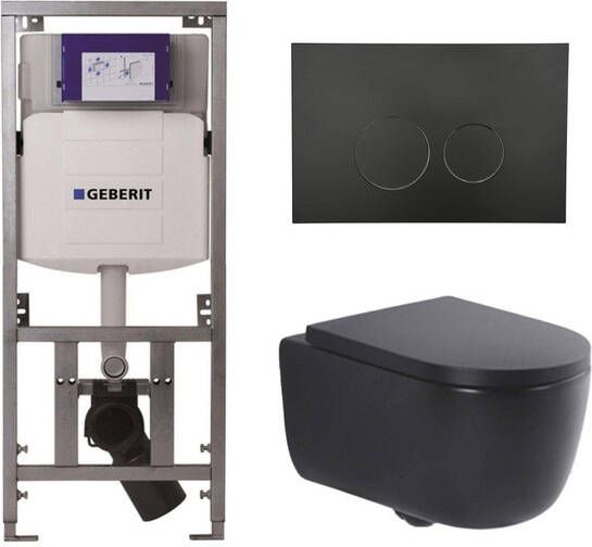 Geberit QeramiQ Dely Swirl Toiletset 36.3x51.7cm UP320 inbouwreservoir 35mm zitting mat zwarte bedieningsplaat ronde knoppen mat zwart 0701131 SW706188 SW1000769 SW1026258