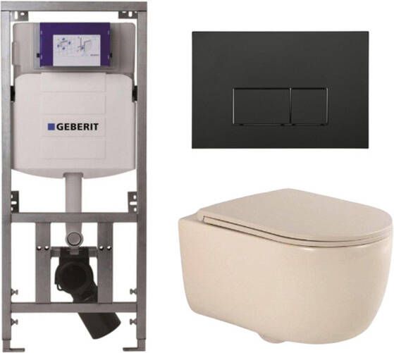 Geberit QeramiQ Dely Swirl Toiletset 36.3x51.7cm UP320 inbouwreservoir slim zitting mat zwarte bedieningsplaat rechthoekige knoppen beige 0701131 SW706189 SW1000770 SW1026259