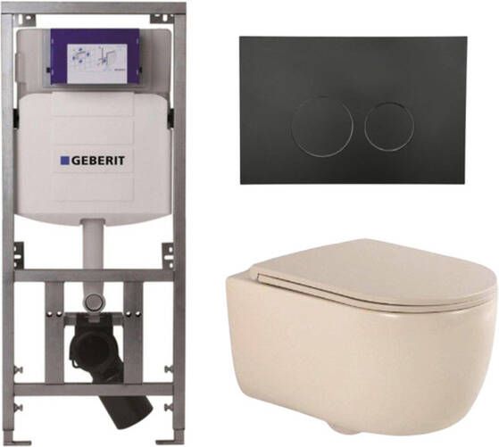 Geberit QeramiQ Dely Swirl Toiletset 36.3x51.7cm UP320 inbouwreservoir slim zitting mat zwarte bedieningsplaat ronde knoppen beige 0701131 SW706188 SW1000770 SW1026259