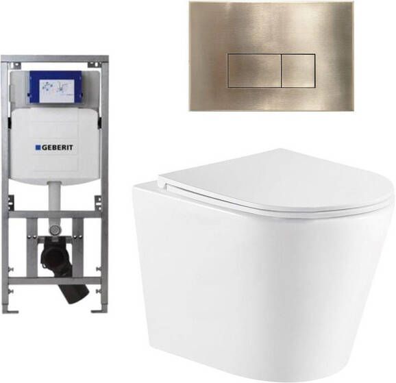 Geberit QeramiQ Dely Toiletset 36.3x51.7cm diepspoel rimless UP320 Burda inbouwreservoir softclose toiletzitting geborsteld messing bedieningsplaat rechtehoekige knoppen wit mat SW543432 0701131 SW706201