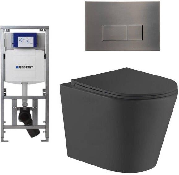 Geberit QeramiQ Dely Toiletset 36.3x51.7cm diepspoel rimless UP320 Burda inbouwreservoir softclose toiletzitting gunmetal bedieningsplaat rechtehoekige knoppen zwart mat SW1026253 0701131 SW706199 SW1000769