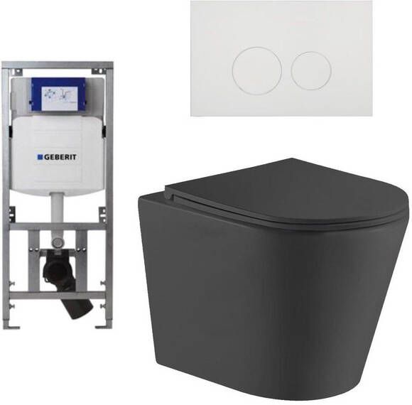 Geberit QeramiQ Dely Toiletset 36.3x51.7cm diepspoel rimless UP320 Burda inbouwreservoir softclose toiletzitting glans witte bedieningsplaat ronde knoppen zwart mat SW1026253 0701131 SW706186 SW1000768