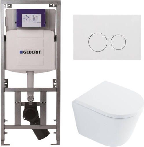 Geberit QeramiQ Dely Toiletset 36.3x51.7cm diepspoel rimless UP320 Burda inbouwreservoir softclose toilet zitting 35 mm glans witte bedieningsplaat ronde knoppen wit glans SW1026255 SW1159505 0701131 SW706186