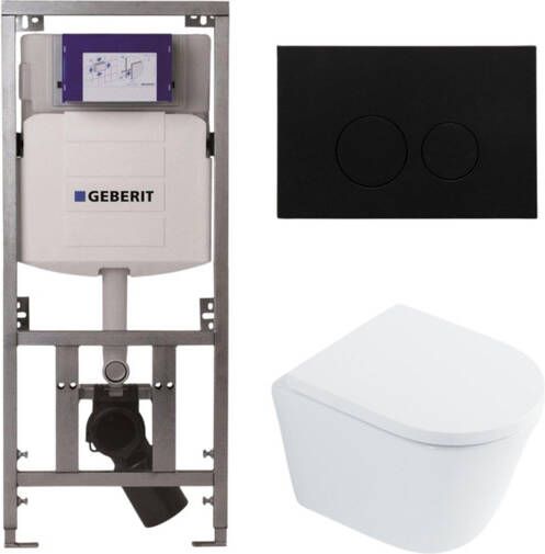 Geberit QeramiQ Dely Toiletset 36.3x51.7cm diepspoel rimless UP320 Burda inbouwreservoir softclose toilet zitting 35 mm kunststof mat zwarte bedieningsplaat ronde knoppen wit glans SW1026255 SW1159505 0701131 SW706188