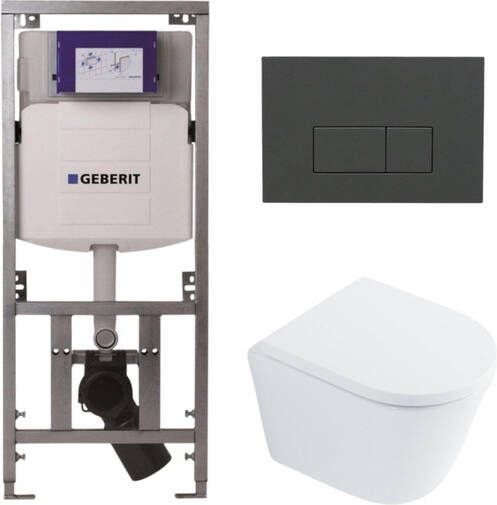 Geberit QeramiQ Dely Toiletset 36.3x51.7cm diepspoel rimless UP320 Burda inbouwreservoir softclose toilet zitting 35 mm bedieningsplaat antraciet mat rechthoekige knoppen wit glans SW1026255 SW1159505 0701131 SW1102377