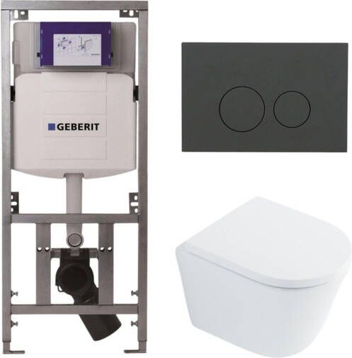 Geberit QeramiQ Dely Toiletset 36.3x51.7cm diepspoel rimless UP320 inbouwreservoir softclose toilet zitting 35 mm bedieningsplaat mat antraciet ronde knoppen wit glans SW1026255 SW1159505 0701131 SW1102376