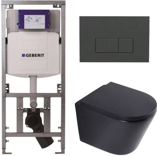 Geberit QeramiQ Dely Toiletset 36.3x51.7cm diepspoel rimless UP320 inbouwreservoir softclose toilet zitting 35 mm bedieningsplaat antraciet mat rechthoekige knoppen mat zwart SW1026253 SW1000769 0701131 SW1102377