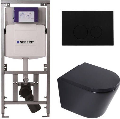 Geberit QeramiQ Dely Toiletset 36.3x51.7cm diepspoel rimless UP320 inbouwreservoir softclose toilet zitting 35 mm kunststof mat zwarte bedieningsplaat ronde knoppen mat zwart SW1026253 SW1000769 0701131 SW706188