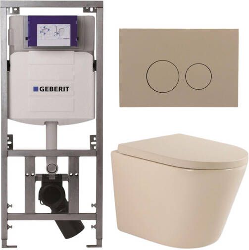 Geberit QeramiQ Dely Toiletset 36.3x51.7cm diepspoel rimless UP320 inbouwreservoir softclose toilet zitting 35 mm bedieningsplaat taupe ronde knoppen mat beige SW1000764 SW1000771 0701131 SW1102378