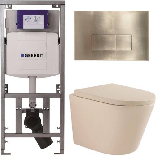 Geberit QeramiQ Dely Toiletset 36.3x51.7cm diepspoel rimless UP320 inbouwreservoir softclose toilet zitting 35 mm geborsteld messing bedieningsplaat rechthoekige knoppen mat beige SW1000764 SW1000771 0701131 SW706201