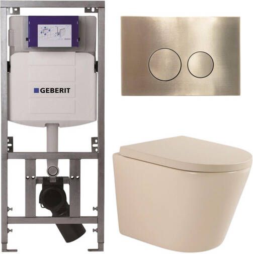 Geberit QeramiQ Dely Toiletset 36.3x51.7cm diepspoel rimless UP320 inbouwreservoir softclose toilet zitting 35 mm geborsteld messing bedieningsplaat ronde knoppen mat beige SW1000764 SW1000771 0701131 SW706200