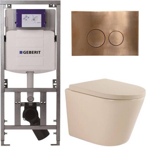 Geberit QeramiQ Dely Toiletset 36.3x51.7cm diepspoel rimless UP320 inbouwreservoir softclose toilet zitting 35 mm koperen bedieningsplaat ronde knoppen mat beige SW1000764 SW1000771 0701131 SW706196