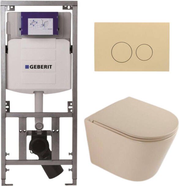 Geberit QeramiQ Dely Toiletset 36.3x51.7cm diepspoel rimless UP320 inbouwreservoir softclose toilet zitting bedieningsplaat beige ronde knoppen mat beige SW1000764 SW1000770 0701131 SW1102365