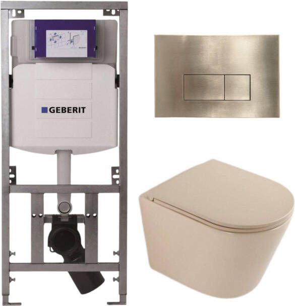 Geberit QeramiQ Dely Toiletset 36.3x51.7cm diepspoel rimless UP320 inbouwreservoir softclose toilet zitting geborsteld messing bedieningsplaat rechthoekige knoppen mat beige SW1000764 SW1000770 0701131 SW706201