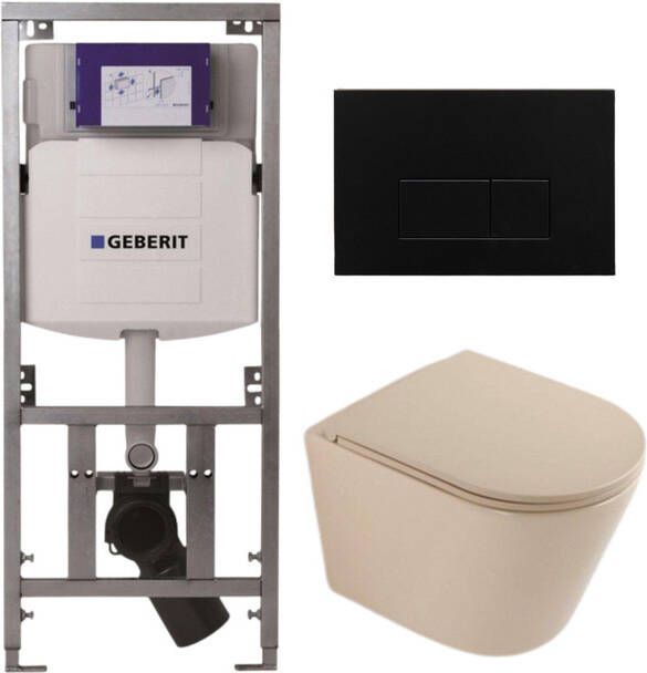 Geberit QeramiQ Dely Toiletset 36.3x51.7cm diepspoel rimless UP320 inbouwreservoir softclose toilet zitting metaal mat zwart bedieningsplaat rechthoekige knoppen mat beige SW1000764 SW1000770 0701131 SW706193
