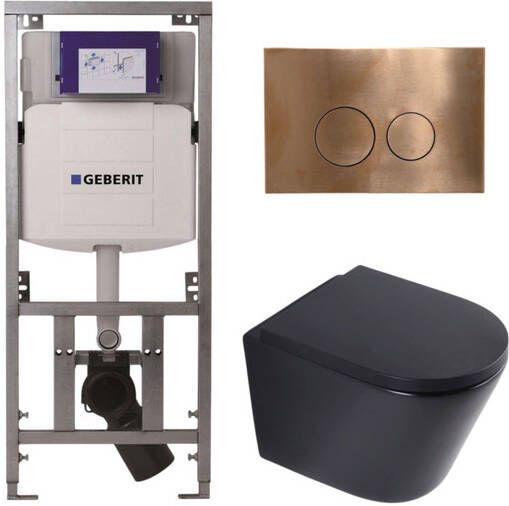 Geberit QeramiQ Dely Toiletset 36.3x51.7cm diepspoel rimless UP320 inbouwreservoir softclose toilet zitting 35 mm koperen bedieningsplaat ronde knoppen mat zwart SW1026253 SW1000769 0701131 SW706196