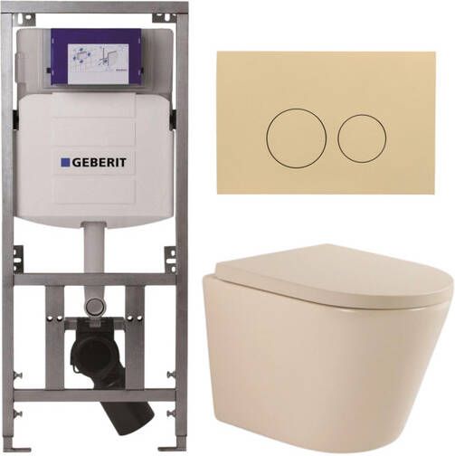 Geberit QeramiQ Dely Toiletset 36.3x51.7cm diepspoel rimless UP320 inbouwreservoir softclose toilet zitting 35 mm bedieningsplaat beige ronde knoppen mat beige SW1000764 SW1000771 0701131 SW1102365