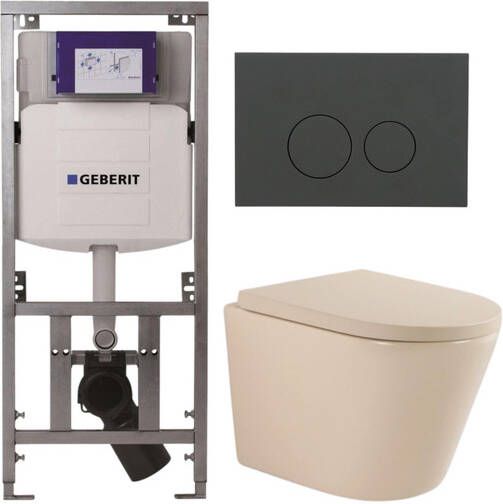 Geberit QeramiQ Dely Toiletset 36.3x51.7cm diepspoel rimless UP320 inbouwreservoir softclose toilet zitting 35 mm bedieningsplaat mat antraciet ronde knoppen mat beige SW1000764 SW1000771 0701131 SW1102376