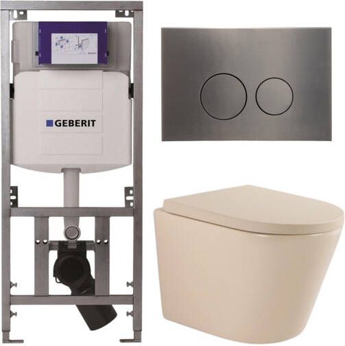 Geberit QeramiQ Dely Toiletset 36.3x51.7cm diepspoel rimless UP320 inbouwreservoir softclose toilet zitting 35 mm gunmetal bedieningsplaat ronde knoppen mat beige SW1000764 SW1000771 0701131 SW706198