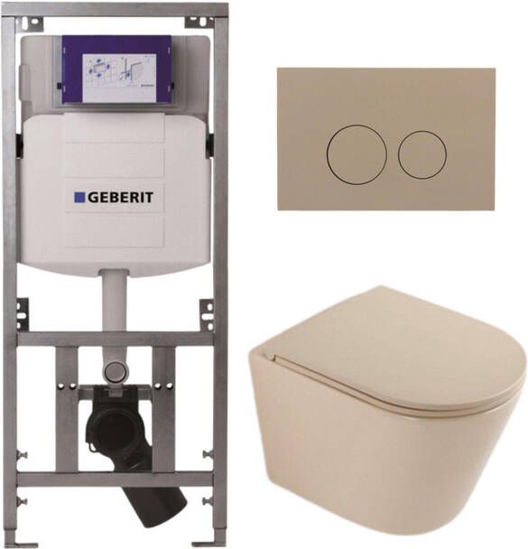 Geberit QeramiQ Dely Toiletset 36.3x51.7cm diepspoel rimless UP320 inbouwreservoir softclose toilet zitting bedieningsplaat taupe ronde knoppen mat beige SW1000764 SW1000770 0701131 SW1102378