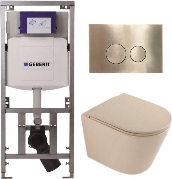 Geberit QeramiQ Dely Toiletset 36.3x51.7cm diepspoel rimless UP320 inbouwreservoir softclose toilet zitting geborsteld messing bedieningsplaat ronde knoppen mat beige SW1000764 SW1000770 0701131 SW706200