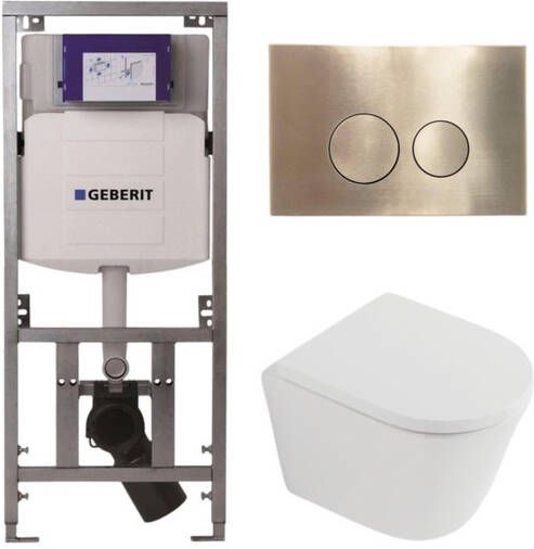 Geberit QeramiQ Dely Toiletset 36.3x51.7cm diepspoel rimless UP320 inbouwreservoir softclose toilet zitting 35 mm geborsteld messing bedieningsplaat ronde knoppen mat wit SW1026254 SW1000767 0701131 SW706200