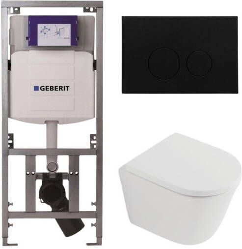 Geberit QeramiQ Dely Toiletset 36.3x51.7cm diepspoel rimless UP320 inbouwreservoir softclose toilet zitting 35 mm kunststof mat zwarte bedieningsplaat ronde knoppen mat wit SW1026254 SW1000767 0701131 SW706188