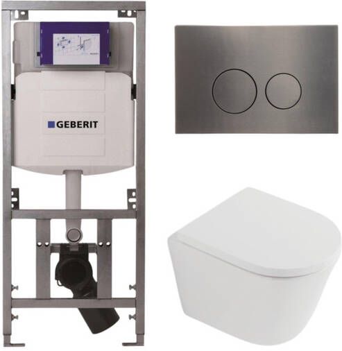 Geberit QeramiQ Dely Toiletset 36.3x51.7cm diepspoel rimless UP320 inbouwreservoir softclose toilet zitting 35 mm gunmetal bedieningsplaat ronde knoppen mat wit SW1026254 SW1000767 0701131 SW706198