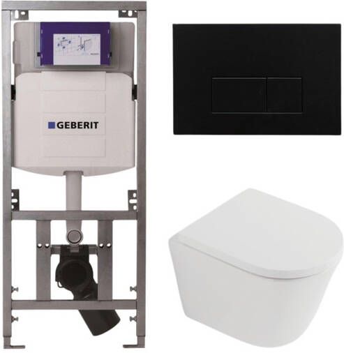 Geberit QeramiQ Dely Toiletset 36.3x51.7cm diepspoel rimless UP320 inbouwreservoir softclose toilet zitting 35 mm kunstof mat zwarte bedieningsplaat rechthoekige knoppen mat wit SW1026254 SW1000767 0701131 SW706189