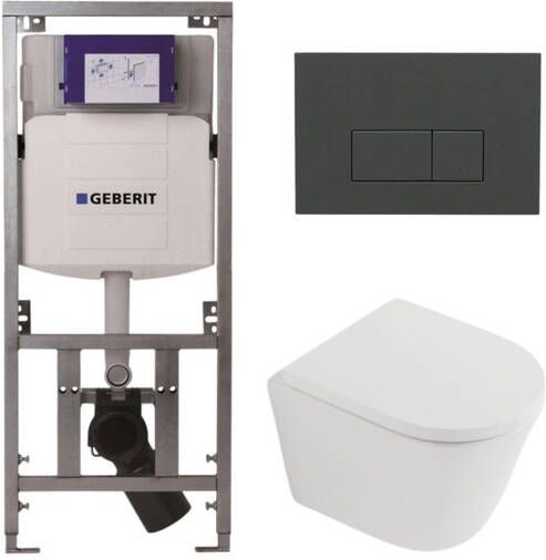 Geberit QeramiQ Dely Toiletset 36.3x51.7cm diepspoel rimless UP320 inbouwreservoir softclose toilet zitting 35 mm bedieningsplaat antraciet mat rechthoekige knoppen mat wit SW1026254 SW1000767 0701131 SW1102377