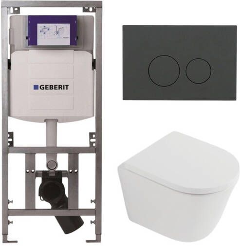Geberit QeramiQ Dely Toiletset 36.3x51.7cm diepspoel rimless UP320 inbouwreservoir softclose toilet zitting 35 mm bedieningsplaat mat antraciet ronde knoppen mat wit SW1026254 SW1000767 0701131 SW1102376