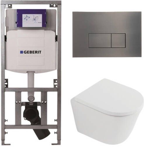 Geberit QeramiQ Dely Toiletset 36.3x51.7cm diepspoel rimless UP320 inbouwreservoir softclose toilet zitting 35 mm gunmetal bedieningsplaat rechthoekige knoppen mat wit SW1026254 SW1000767 0701131 SW706199