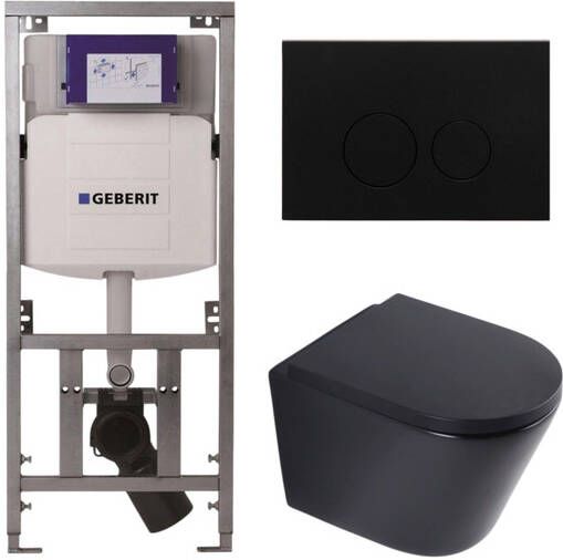 Geberit QeramiQ Dely Toiletset 36.3x51.7cm diepspoel rimless UP320 inbouwreservoir softclose toilet zitting 35 mm metaal mat zwarte bedieningsplaat ronde knoppen mat zwart SW1026253 SW1000769 0701131 SW706192