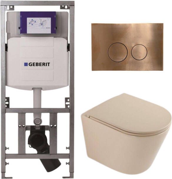Geberit QeramiQ Dely Toiletset 36.3x51.7cm diepspoel rimless UP320 inbouwreservoir softclose toilet zitting koperen bedieningsplaat ronde knoppen mat beige SW1000764 SW1000770 0701131 SW706196