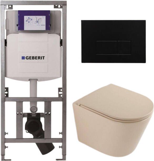 Geberit QeramiQ Dely Toiletset 36.3x51.7cm diepspoel rimless UP320 inbouwreservoir softclose toilet zitting kunstof mat zwarte bedieningsplaat rechthoekige knoppen mat beige SW1000764 SW1000770 0701131 SW706189