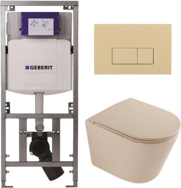 Geberit QeramiQ Dely Toiletset 36.3x51.7cm diepspoel rimless UP320 inbouwreservoir softclose toilet zitting bedieningsplaat beige rechthoekige knoppen mat beige SW1000764 SW1000770 0701131 SW1102366