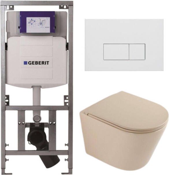 Geberit QeramiQ Dely Toiletset 36.3x51.7cm diepspoel rimless UP320 inbouwreservoir softclose toilet zitting mat witte bedieningsplaat rechthoekige knoppen mat beige SW1000764 SW1000770 0701131 SW706191