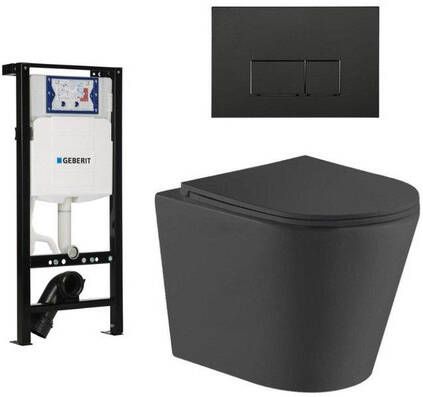Geberit QeramiQ Dely Toiletset 36.3x51.7cm diepspoel rimless UP320 plieger inbouwreservoir softclose toiletzitting mat zwarte bedieningsplaat rechtehoekige knoppen zwart mat SW1026253 SW1381697 SW706193 SW1000768