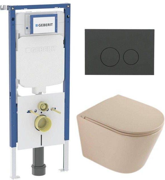 Geberit QeramiQ Dely Toiletset 36.3x51.7cm diepspoel rimless UP720 inbouwreservoir softclose toilet zitting bedieningsplaat mat antraciet ronde knoppen mat beige SW1000764 SW1000770 SW1237202 SW1102376