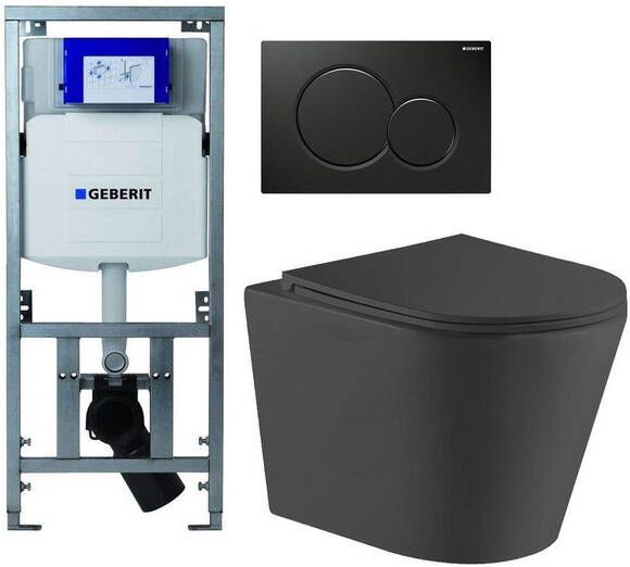 Geberit QeramiQ Dely Toiletset UP320 inbouwreservoir zwart glanzende bedieningsplaat toilet zitting mat zwart 0701131 0700524 sw543433