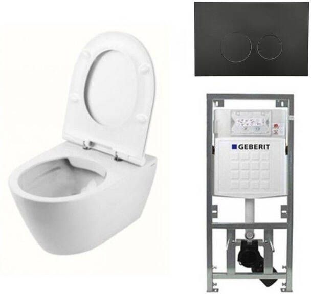 Geberit QeramiQ Salina Spoelrandloos toiletset inclusief toiletzitting inbouwreservoir en mat zwart bedieningspaneel 0701131 sw96855 sw96857 SW706188